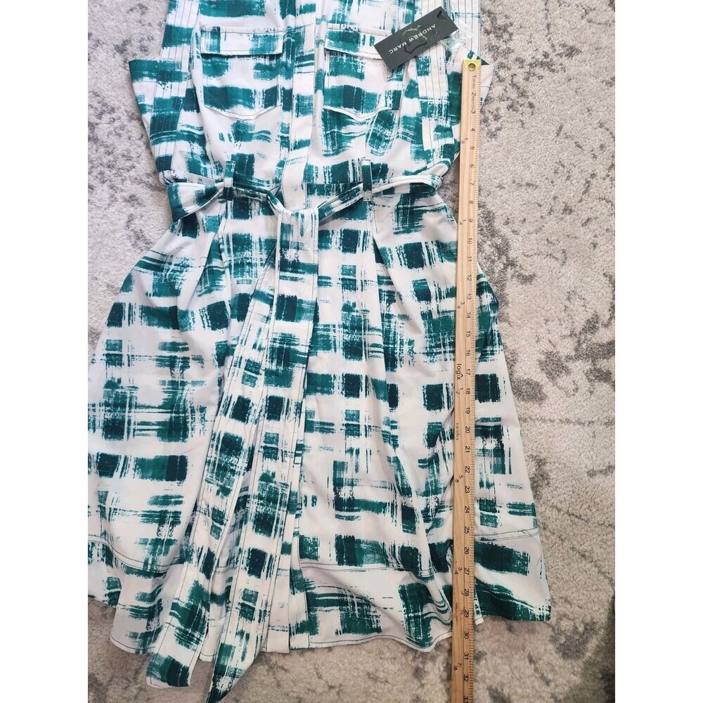 NEW ANDREW MARC WOMENS BELTED SHIRT DRESS SIZE 10 Green White Button Up - Picture 5 of 12